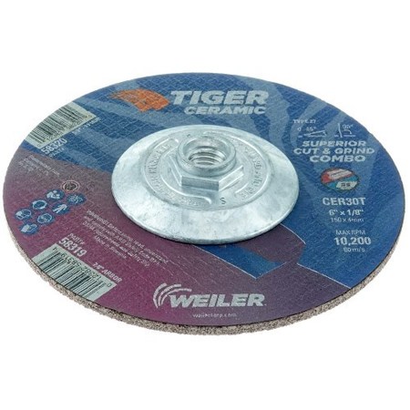 WEILER 6 x 1/8 TIGER CERAMIC Type 27 Cut/Grind Combo Wheel CER30T 5/8-11 Nut 58320